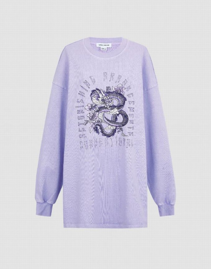 Purple Urban Revivo Printed Crew Neck Loose Women's T-Shirts | EKHANB-486