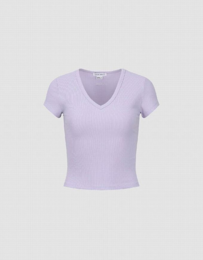 Purple Urban Revivo Skinny V-Neck Knitted Women\'s T-Shirts | ZFXLSO-359