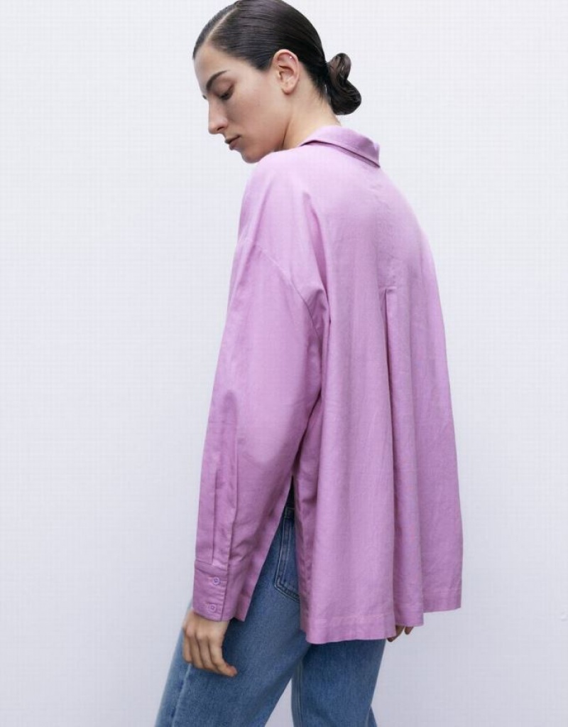 Purple Urban Revivo Standard Sleeve With Pocket Women's Shirts | XPESQZ-917