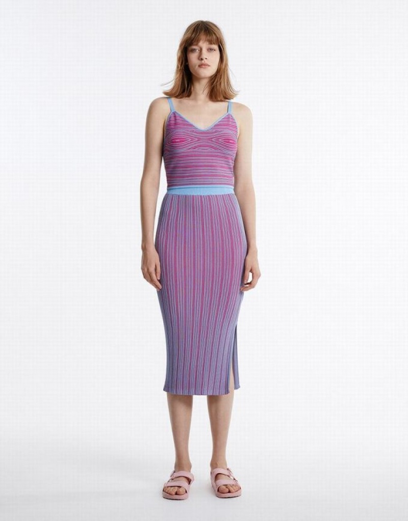 Purple Urban Revivo Striped Midi Knit Women\'s Skirts | DPITOG-817