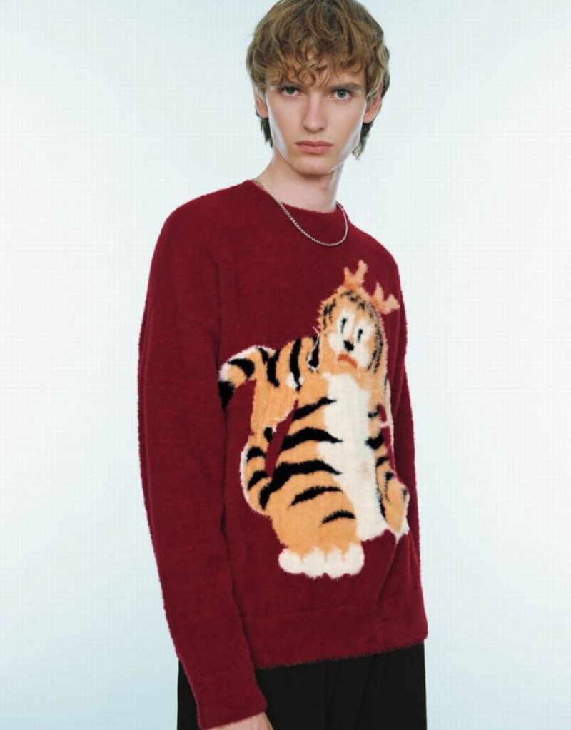 Red Urban Revivo Animal Embroidered Knitted Men's Cardigan | XBUVEQ-895