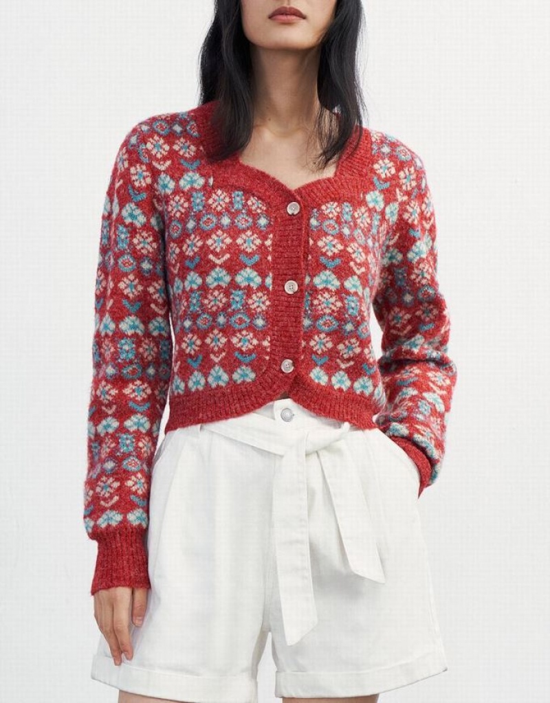 Red Urban Revivo Floral Button Up Women's Cardigan | YGFDIB-173