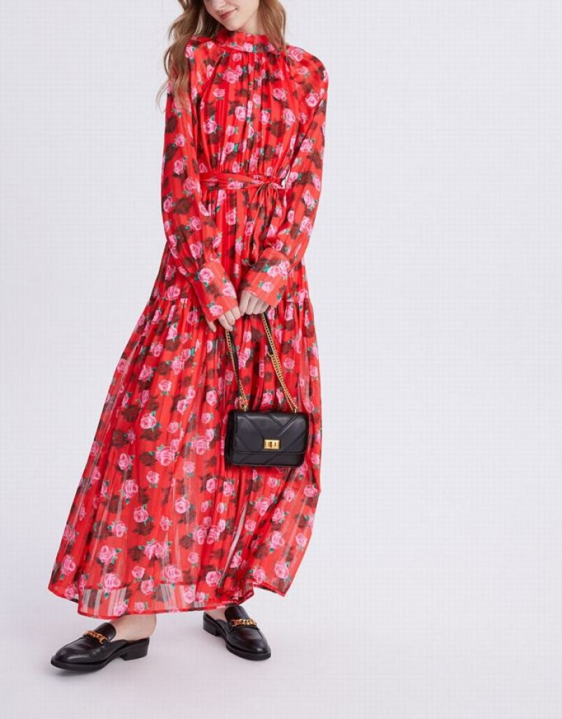 Red Urban Revivo Floral Print Belted Maxi Chiffon Women's Maxi Dress | ZVXMYD-273