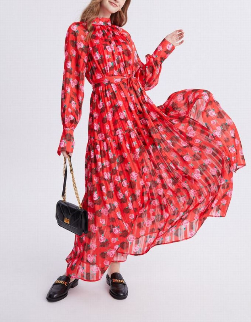 Red Urban Revivo Floral Print Belted Maxi Chiffon Women's Maxi Dress | ZVXMYD-273