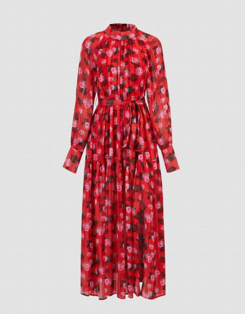 Red Urban Revivo Floral Print Belted Maxi Chiffon Women\'s Maxi Dress | ZVXMYD-273