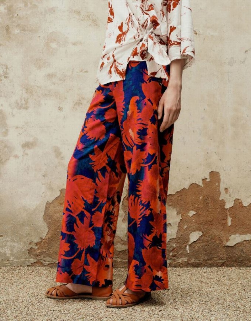 Red Urban Revivo Floral Printed Wide-Leg Women's Pants | JCFYQN-132