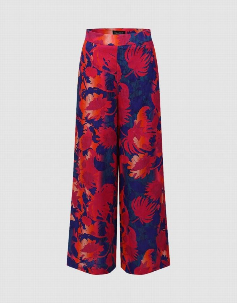 Red Urban Revivo Floral Printed Wide-Leg Women\'s Pants | JCFYQN-132