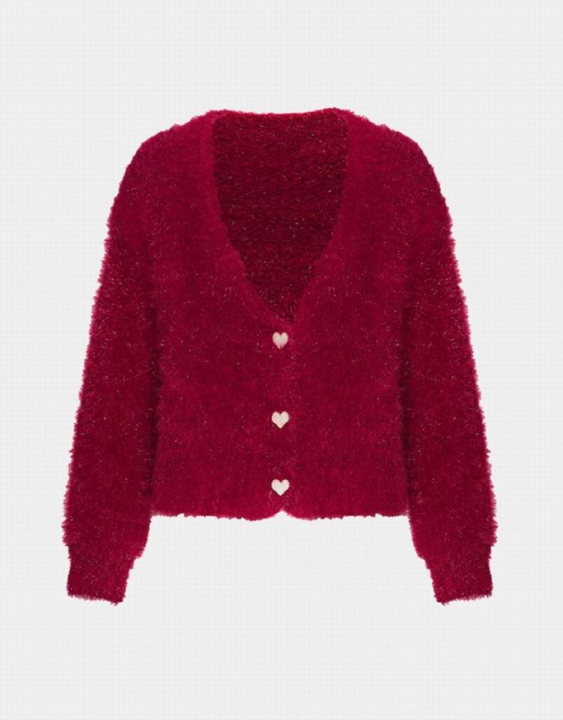 Red Urban Revivo Heart Button Fluffy Women\'s Cardigan | SYGJVD-692