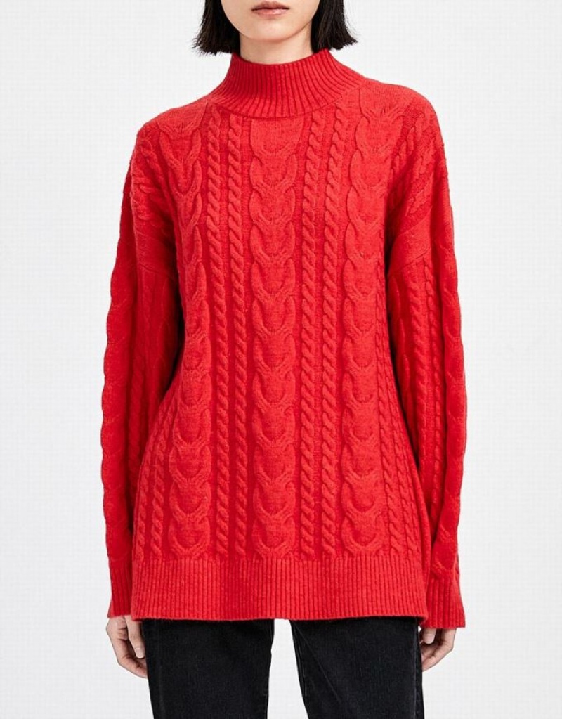 Red Urban Revivo High Neck Cable Knit Holiday Women's Sweaters | MDYESN-268