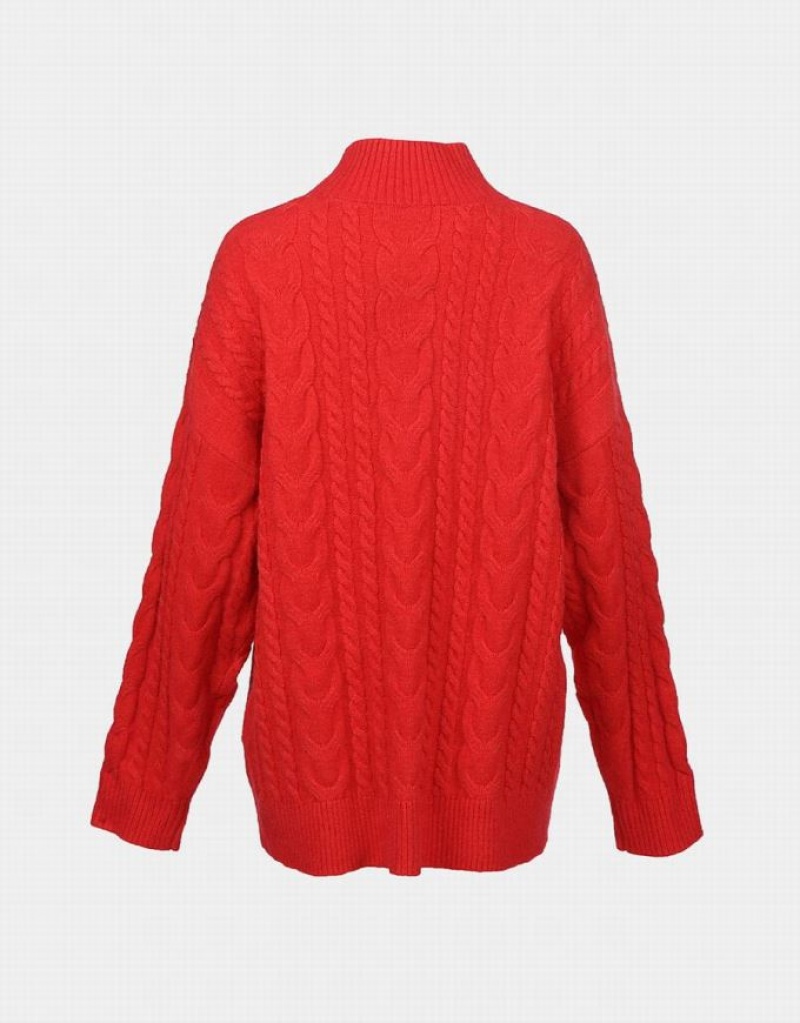 Red Urban Revivo High Neck Cable Knit Holiday Women's Sweaters | MDYESN-268