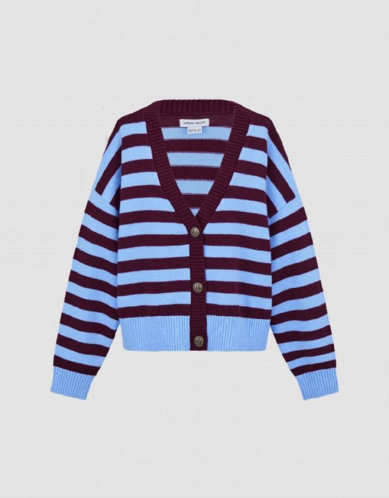 Red Urban Revivo Striped V-Neck Knitted Women's Cardigan | AQZGIX-384