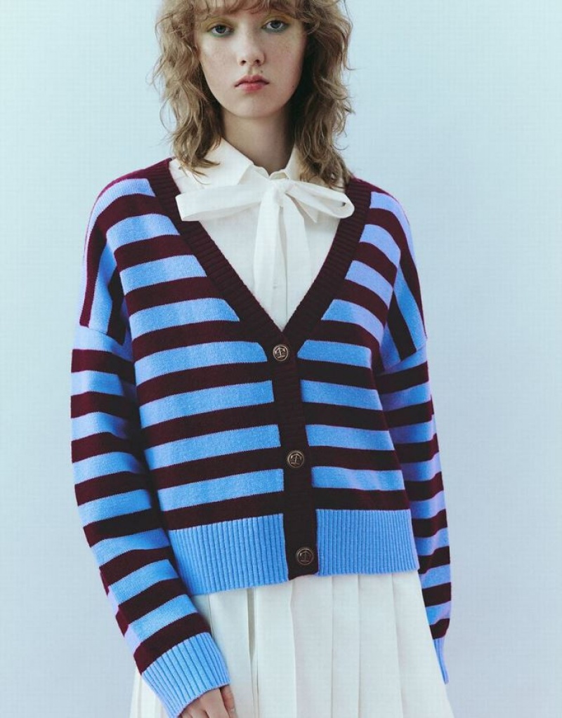 Red Urban Revivo Striped V-Neck Knitted Women's Cardigan | AQZGIX-384