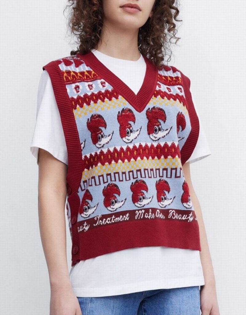 Red Urban Revivo Woody Woodpecker Women's Sweater Vest | PYSTBA-761