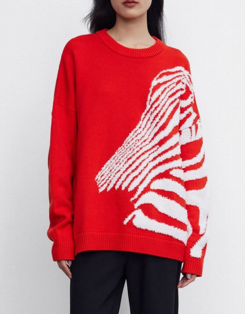 Red Urban Revivo Zebra Striped Crew Neck Women's Sweaters | GSHUBF-598