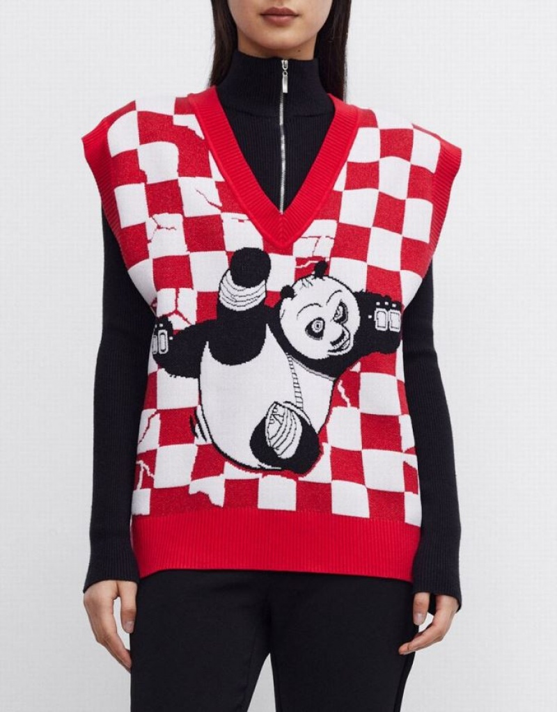 Red / White Urban Revivo Kung Fu Panda Checkered Women's Sweater Vest | PCXOQL-675