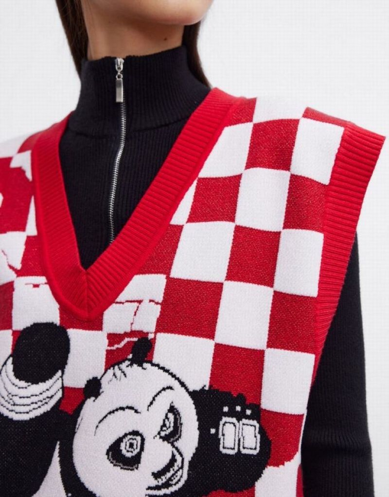 Red / White Urban Revivo Kung Fu Panda Checkered Women's Sweater Vest | PCXOQL-675