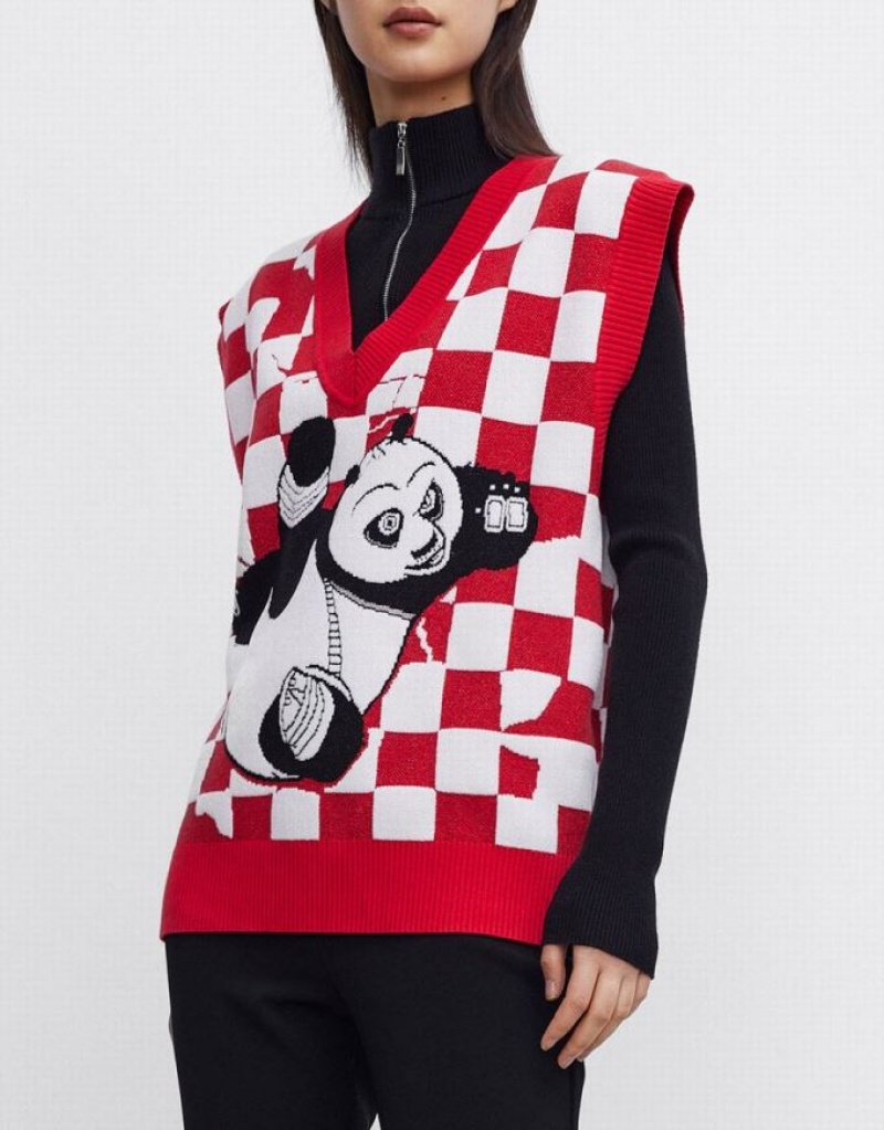 Red / White Urban Revivo Kung Fu Panda Checkered Women's Sweater Vest | PCXOQL-675