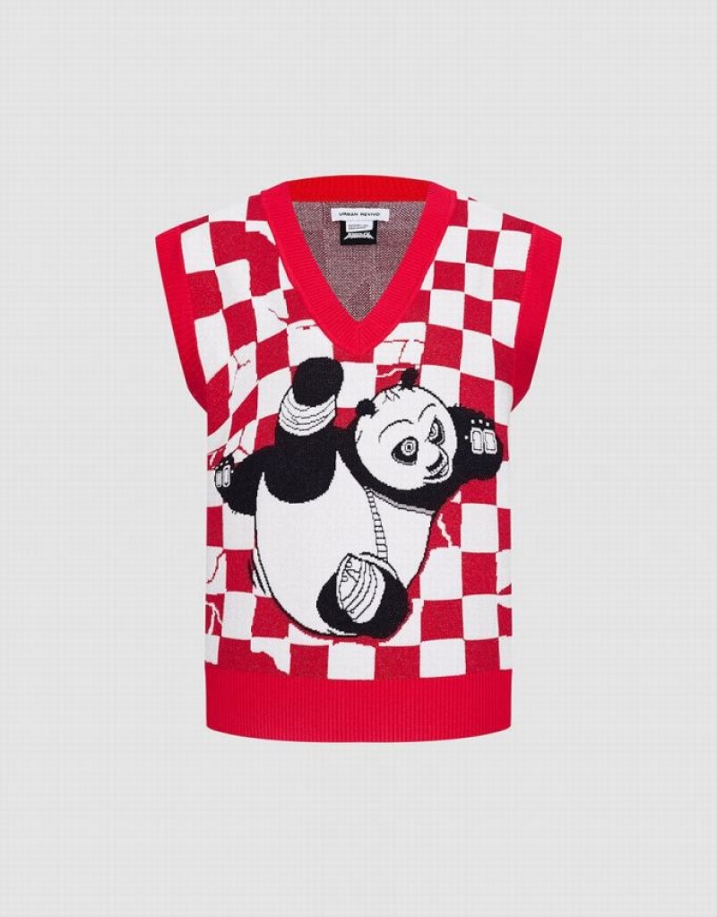 Red / White Urban Revivo Kung Fu Panda Checkered Women\'s Sweater Vest | PCXOQL-675