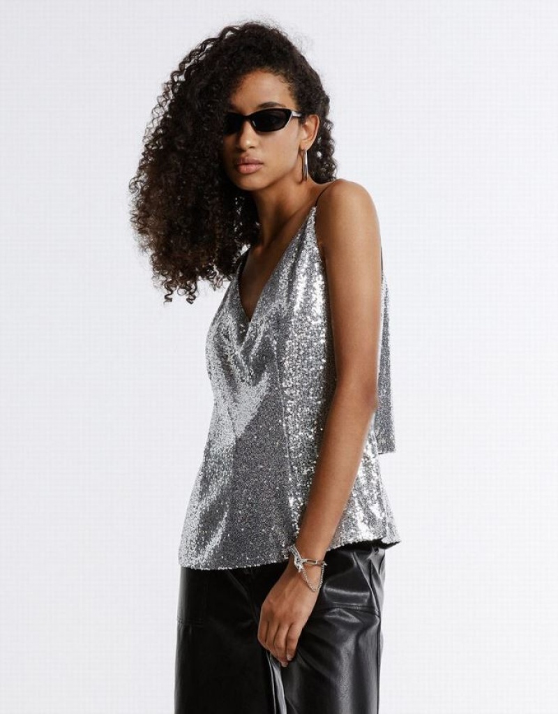 Silver Urban Revivo Cut Out Back Sequin Women's Camisole | FSUPYW-035