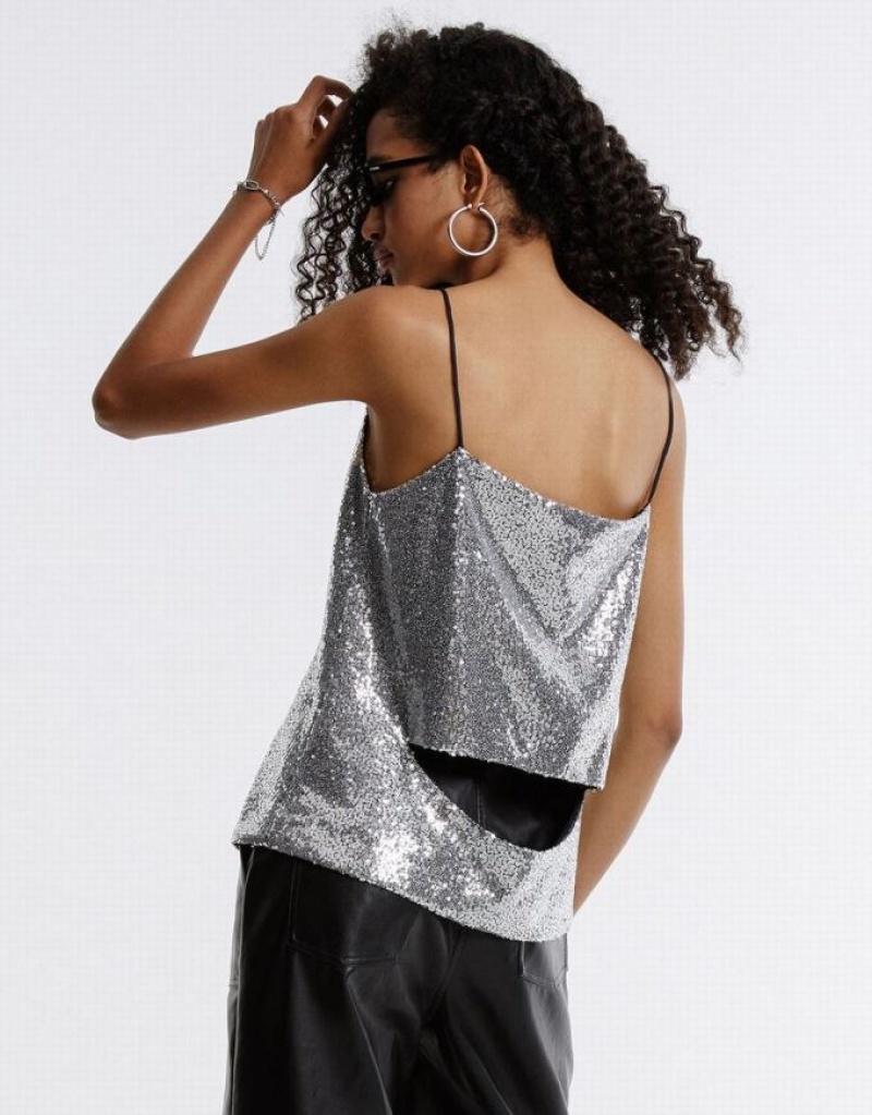 Silver Urban Revivo Cut Out Back Sequin Women's Camisole | FSUPYW-035