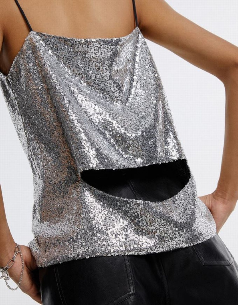 Silver Urban Revivo Cut Out Back Sequin Women's Camisole | FSUPYW-035