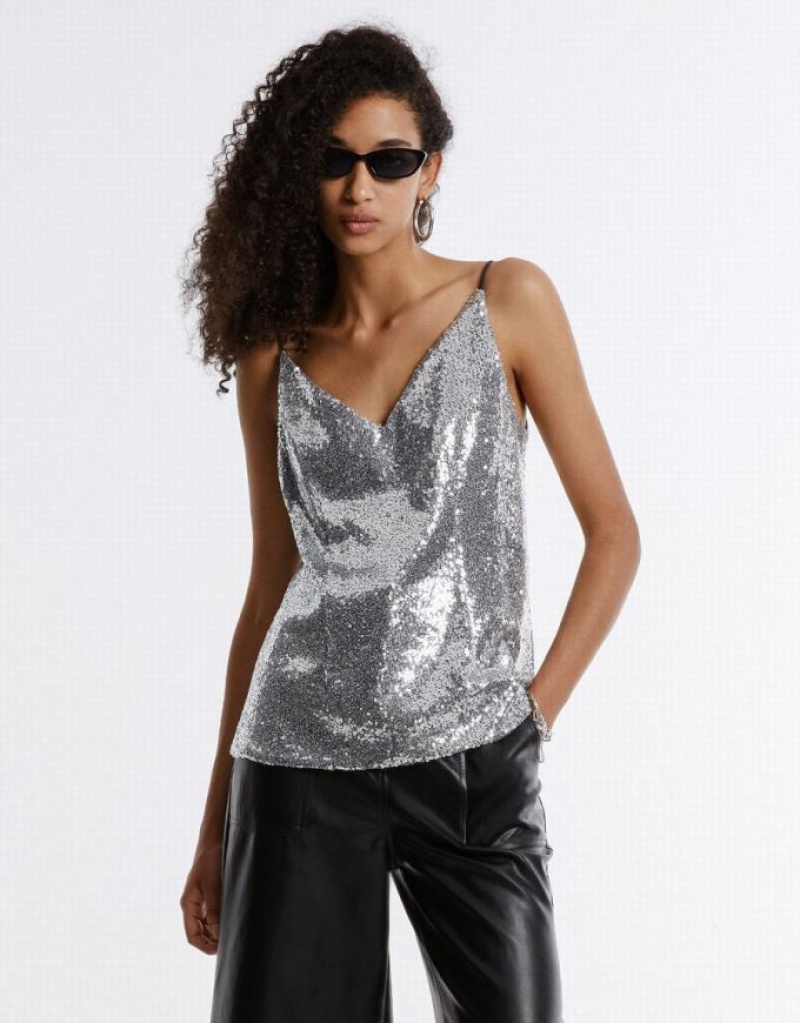 Silver Urban Revivo Cut Out Back Sequin Women\'s Camisole | FSUPYW-035