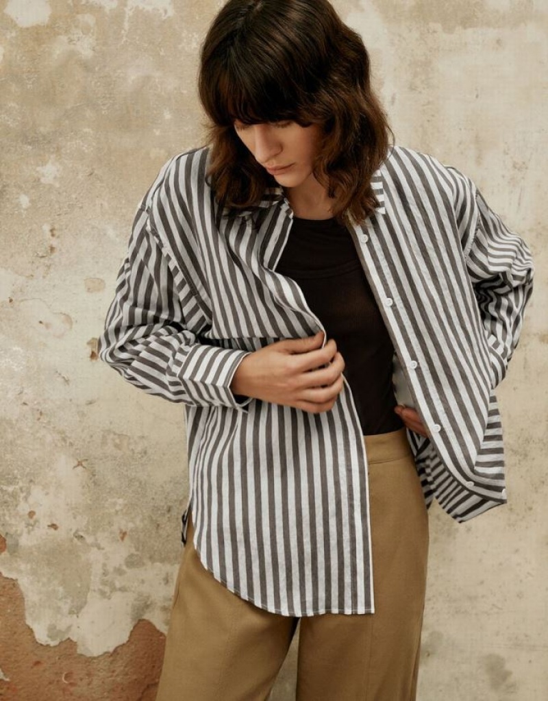 Stripes Urban Revivo Button Up Straight Women's Shirts | DTIAQM-086