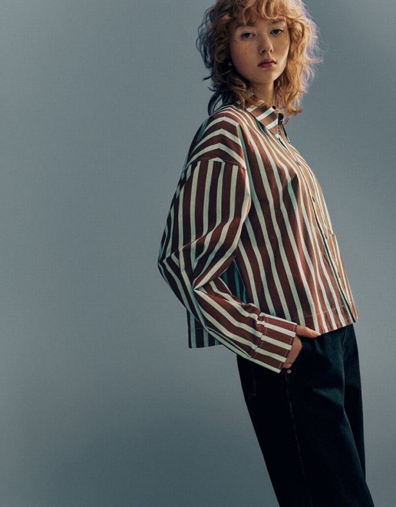 Stripes Urban Revivo Button Up Women's Shirts | UCOKAR-814