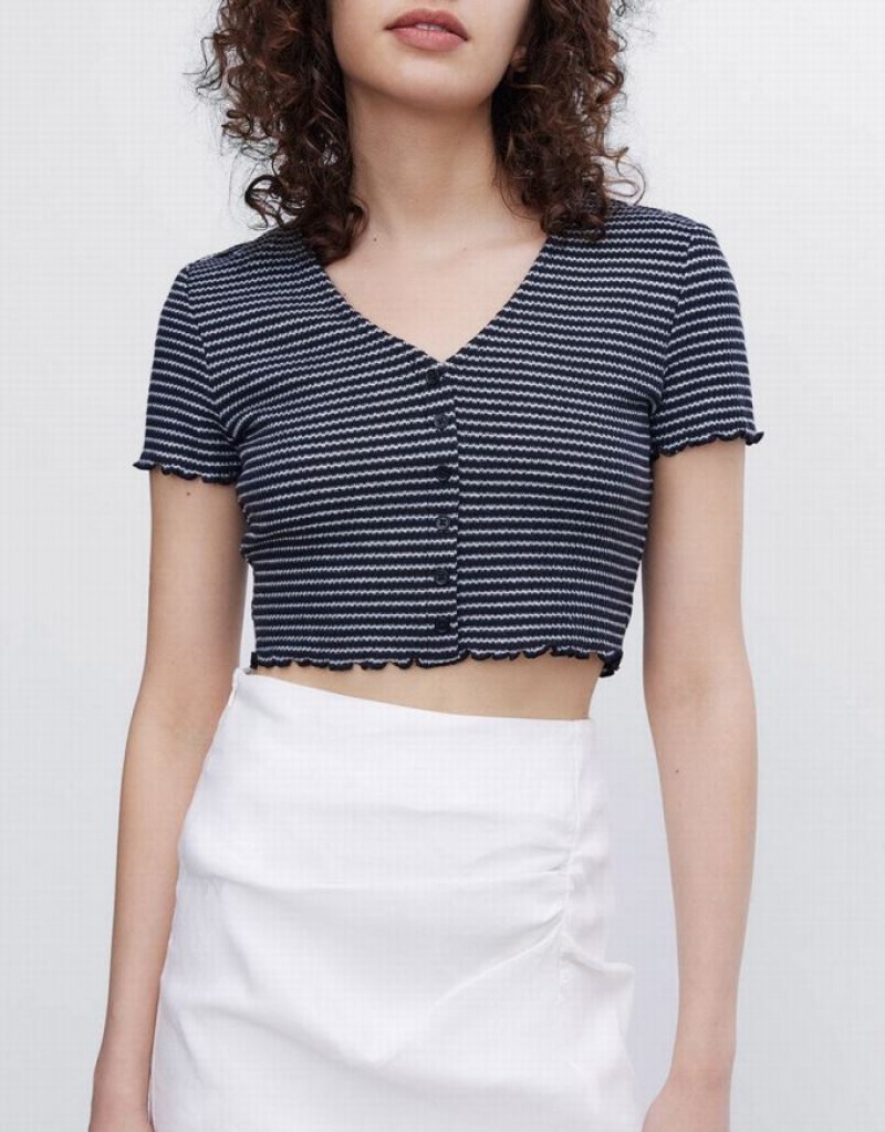 Stripes Urban Revivo Crop Women's T-Shirts | OVHUYC-715