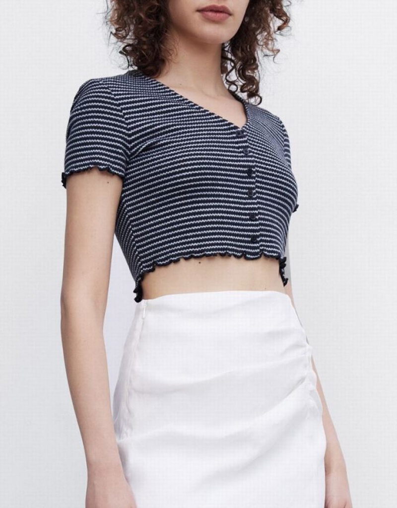 Stripes Urban Revivo Crop Women's T-Shirts | OVHUYC-715