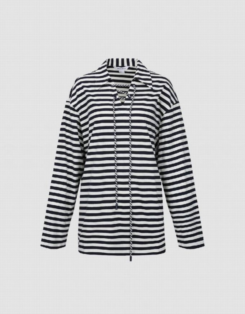 Stripes Urban Revivo Lapel Loose Women's T-Shirts | PLMNYU-536