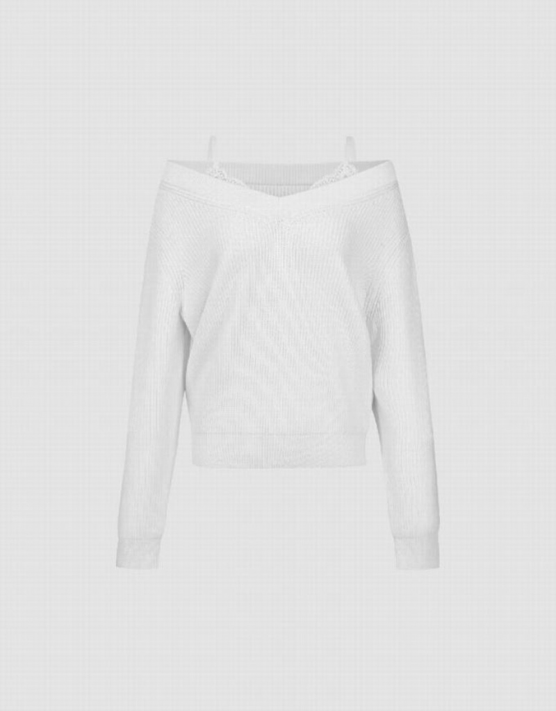 White Urban Revivo 2 In 1 V-Neck Knitted Women's Cardigan | MUCAPL-204