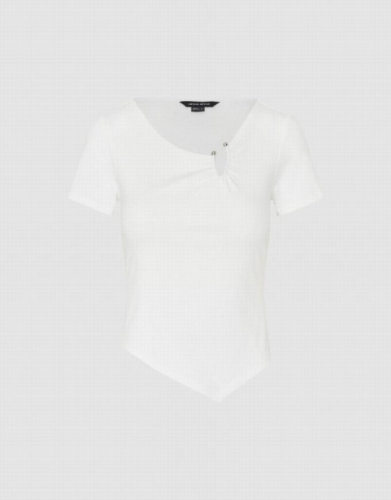 White Urban Revivo Asymmetric Crew Neck Skinny Women's T-Shirts | TQJFGI-478