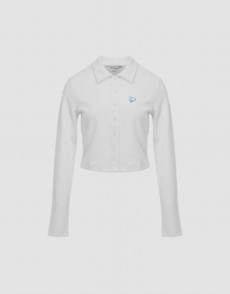 White Urban Revivo Button Up Knitted With Collar Women's T-Shirts | CDSFHE-396