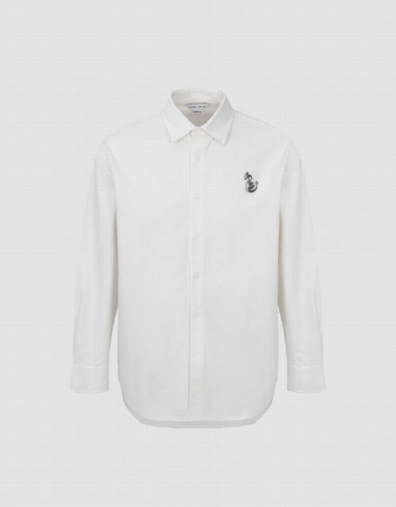 White Urban Revivo Button Up Loose Men's Shirts | CKVJGS-572