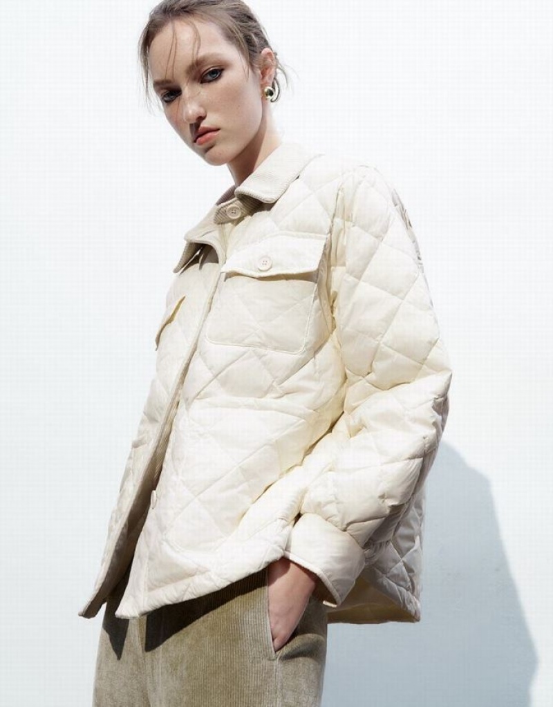 White Urban Revivo Button Up Quilted Women's Down Jackets | PCOWIB-048