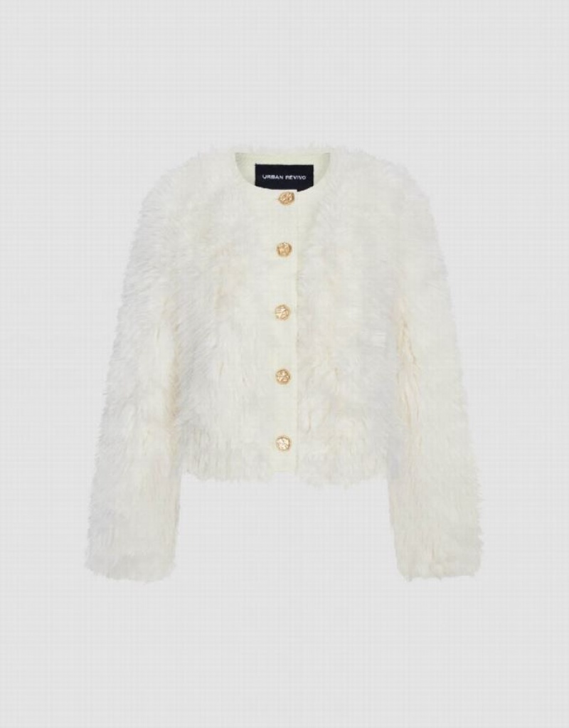 White Urban Revivo Button Up Straight Furry Women's Coats | XTHUSD-681