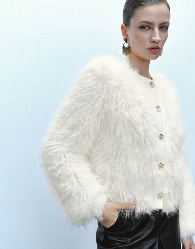 White Urban Revivo Button Up Straight Furry Women's Coats | XTHUSD-681