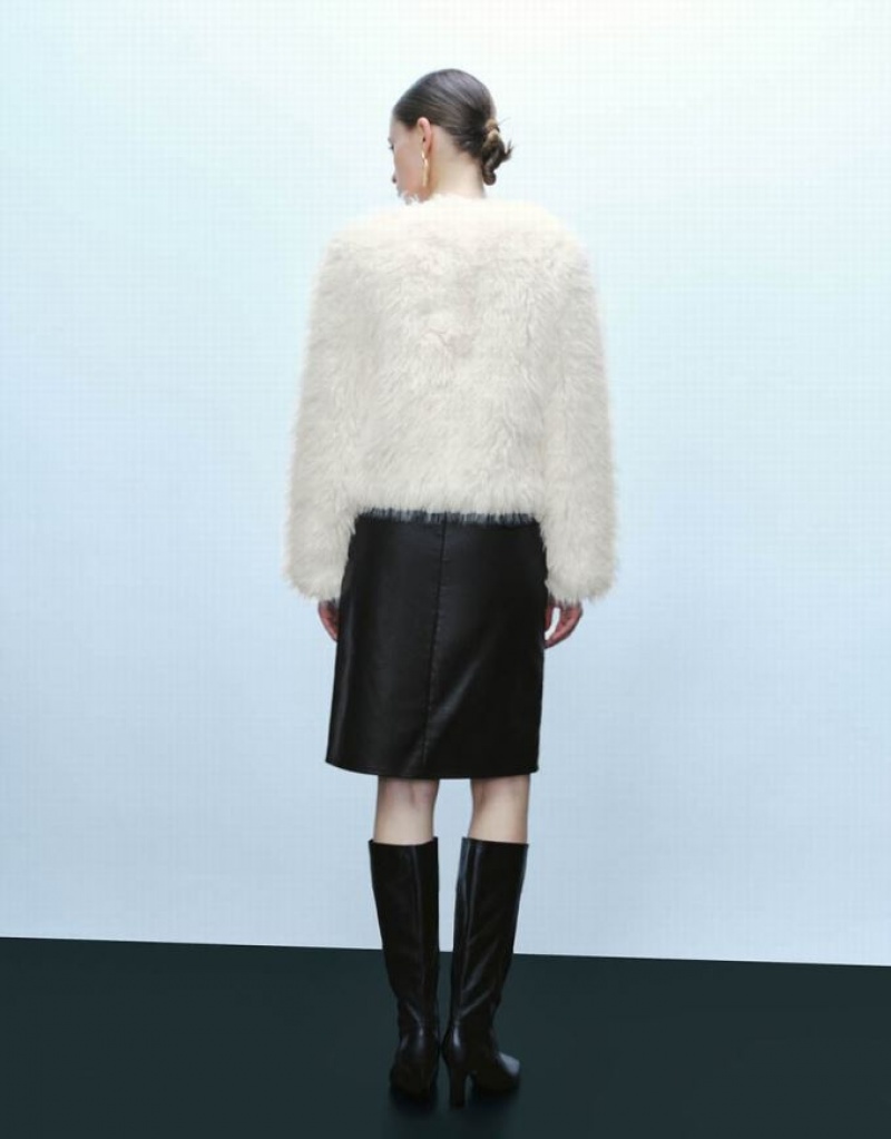 White Urban Revivo Button Up Straight Furry Women's Coats | XTHUSD-681