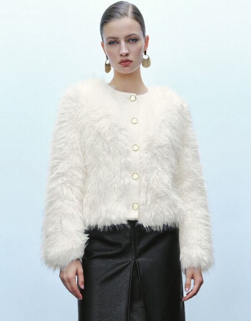 White Urban Revivo Button Up Straight Furry Women\'s Coats | XTHUSD-681