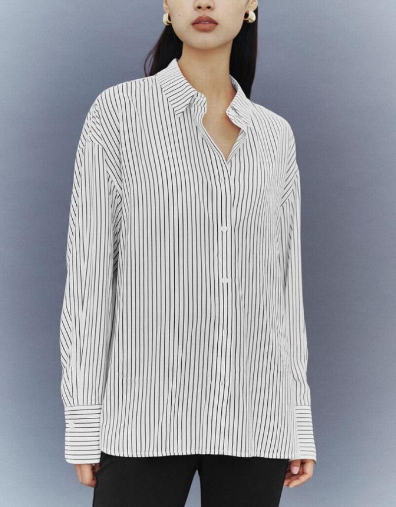 White Urban Revivo Button Up Striped Straight Women's Shirts | GIOVYU-109