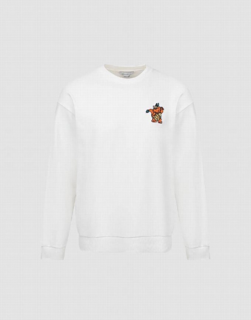 White Urban Revivo Cartoon Embossed Crew Neck Men's Sweatshirts | SBNXKE-267