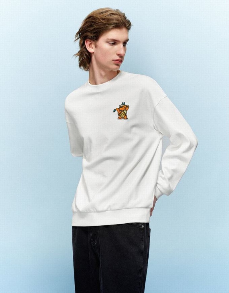 White Urban Revivo Cartoon Embossed Crew Neck Men's Sweatshirts | SBNXKE-267