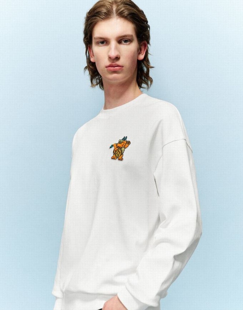 White Urban Revivo Cartoon Embossed Crew Neck Men's Sweatshirts | SBNXKE-267