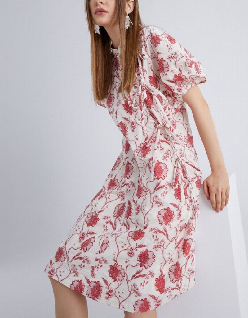 White Urban Revivo Chinese Style Floral Print Puff Sleeve Women's Casual Dress | HMZUWN-916