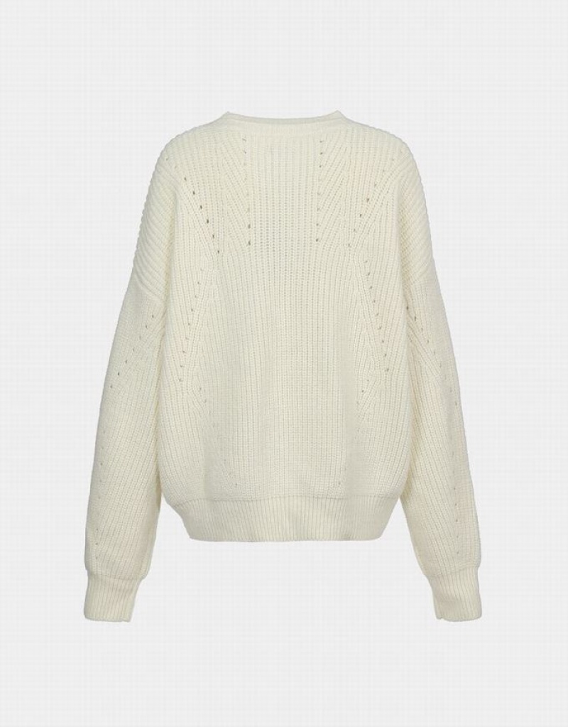 White Urban Revivo Crew Neck Drop Shoulder Women's Sweaters | FPEIJS-417