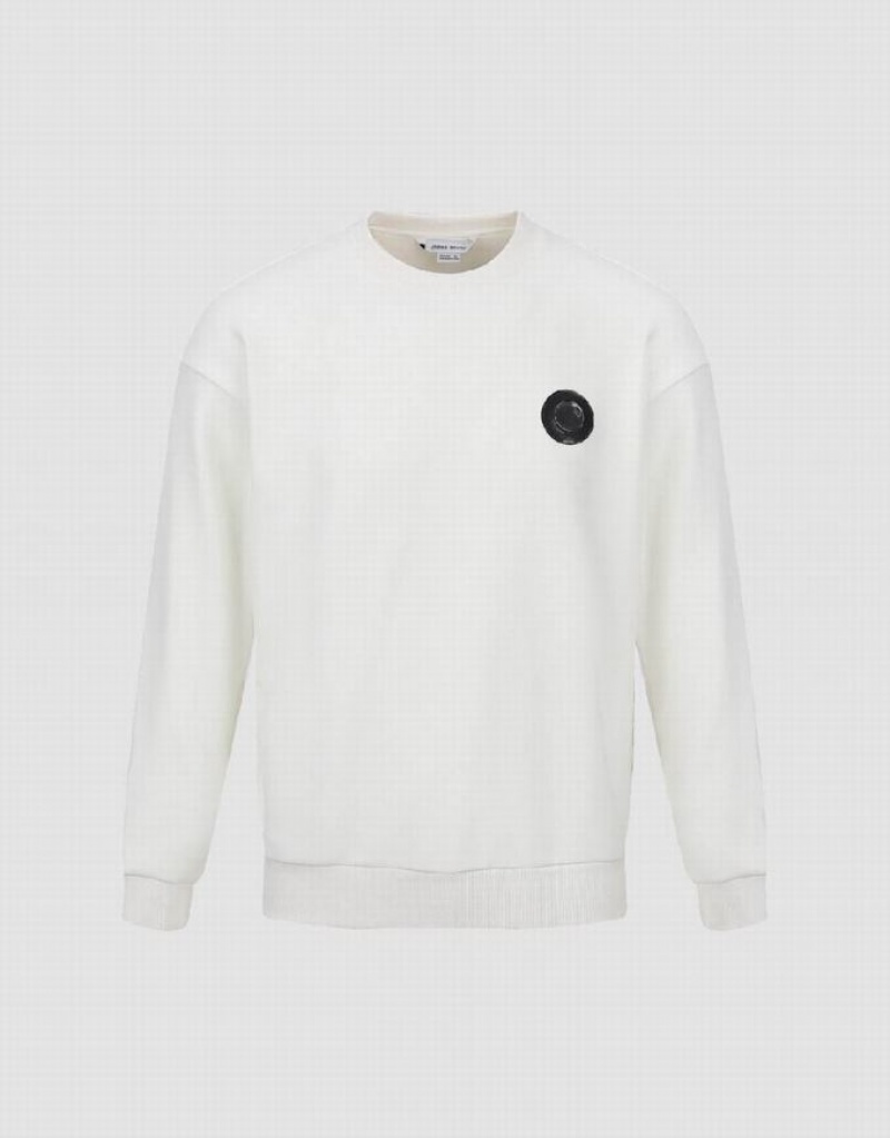 White Urban Revivo Crew Neck Loose Men's Sweatshirts | WJIDNB-984