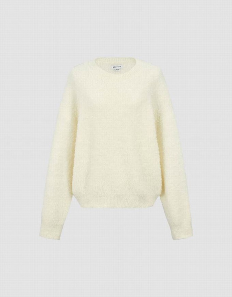 White Urban Revivo Crew Neck Loose Women's Sweaters | PZKRVC-172