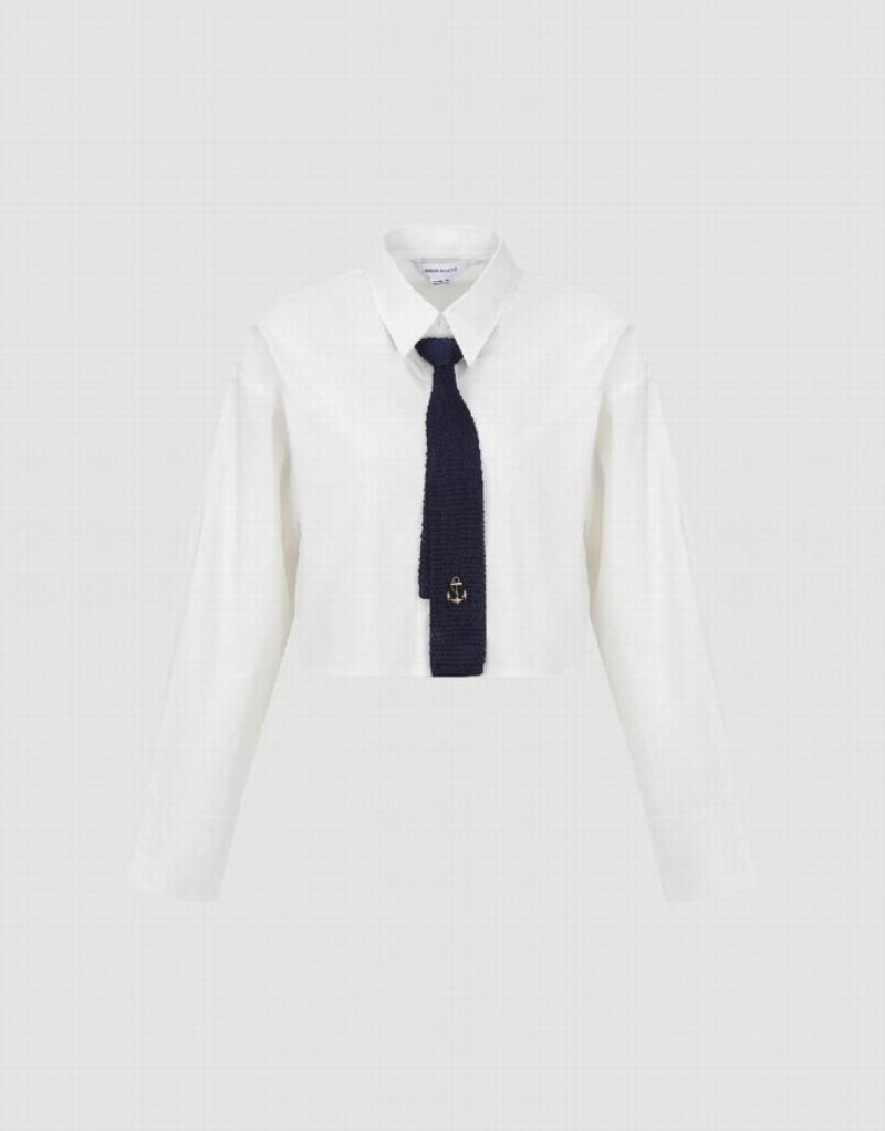 White Urban Revivo Cropped Straight With Tie Women's Shirts | HMWUTV-845