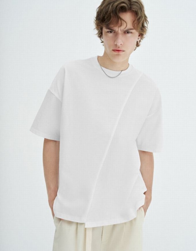 White Urban Revivo Drop Shoulder Sleeve Crew Neck Men's T-Shirts | VBPCRS-063